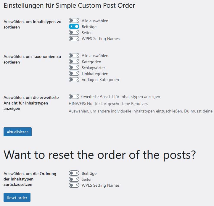 Einstellungen von Simple Custom Post Order